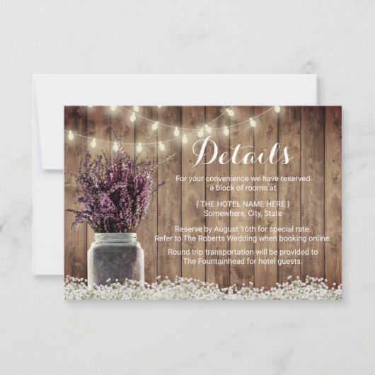 Rustieke lavendel bloemstuk trouwdetails in een we kaart (Voorkant)