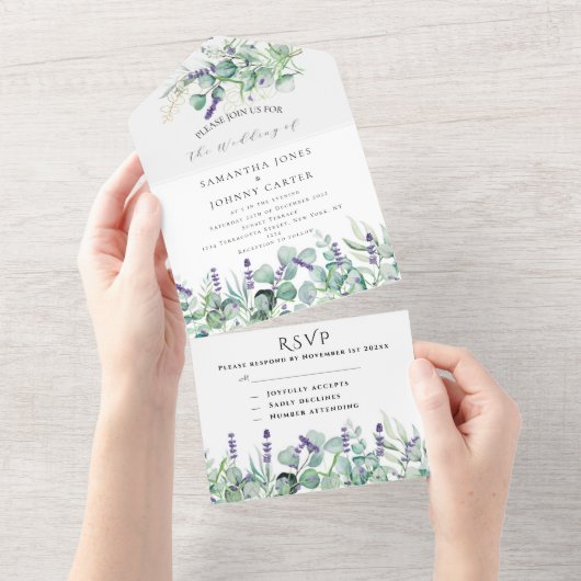 Rustieke Lavendel en Eucalyptus RSVP bruiloft All In One Uitnodiging (Afscheurbaar)