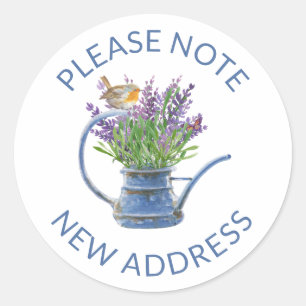 Rustieke Lavendel en Robin Waterverf Nieuw adres Ronde Sticker