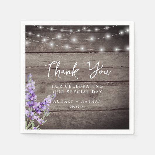 Rustieke Lavendel Lights Bruiloft Dank u Servet (Voorkant)