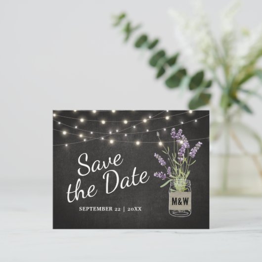 Rustieke Lavendel Mason Jar Lights Save the Date Aankondigingskaart (Staand voorkant)