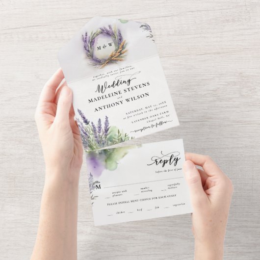 Rustieke Lavendel Waterverf Modern Romantisch Brui All In One Uitnodiging (Afscheurbaar)