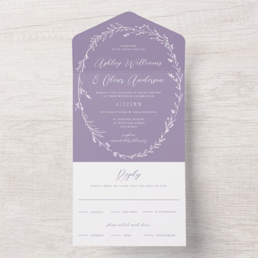 Rustieke Lavendel Wildflower krans Boho bruiloft All In One Uitnodiging (Binnen)