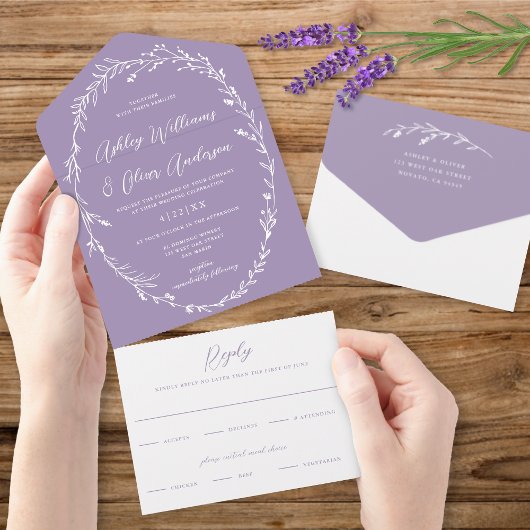 Rustieke Lavendel Wildflower krans Boho bruiloft All In One Uitnodiging