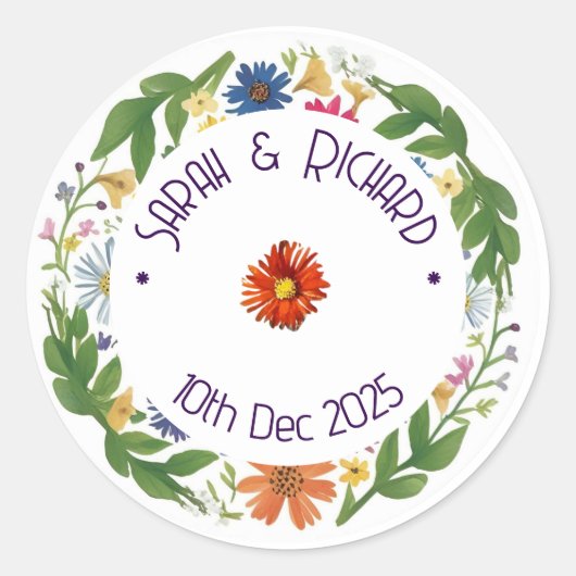 Rustieke Lente Bruiloft met Wilde Bloemen, Romanti Ronde Sticker (Voorkant)
