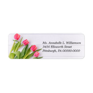 Rustieke lente tulpen op houten retouradres etiket