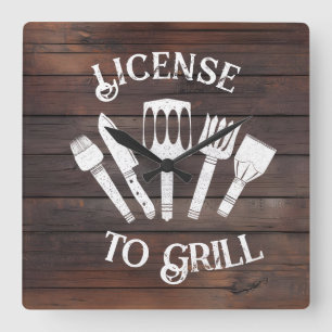 Rustieke ‘License to Grill’ wandklok – Grappige BB Vierkante Klok