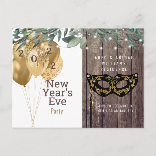 Rustieke lichten en hout nieuwjaarsfeest uitnodiging briefkaart (Voorkant)