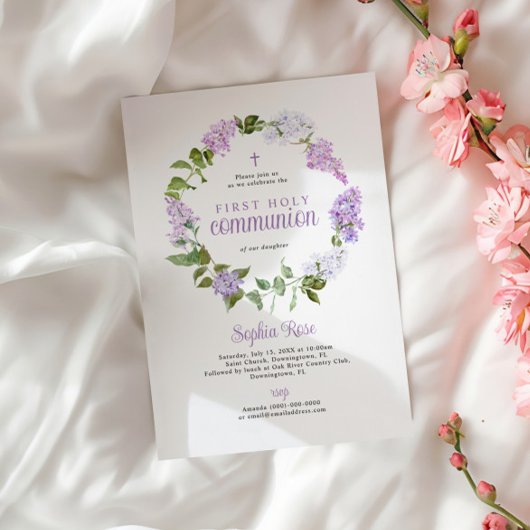 Rustieke Lila Bloemen Eerste Heilige Communie Kaart