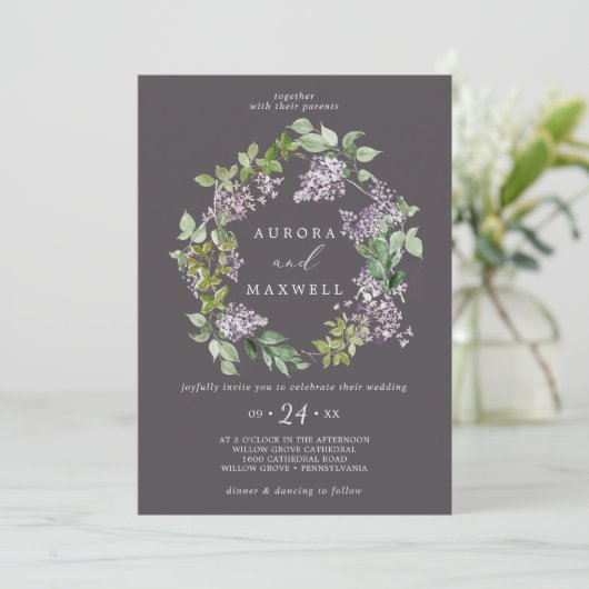 Rustieke lila | Grijze Huwelijksbloemenkrans Kaart (Staand voorkant)