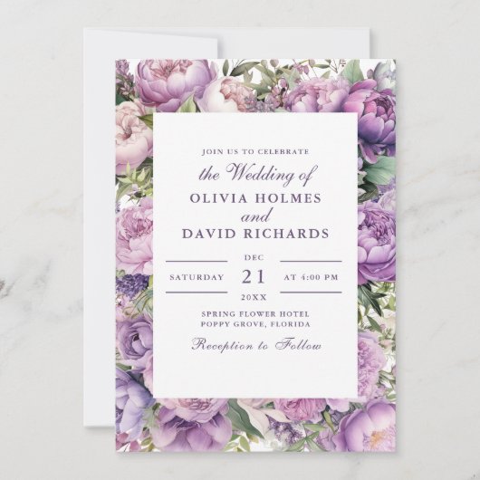 Rustieke Lila lavendel en pioen bruiloft uitnodigi Kaart (Voorkant)