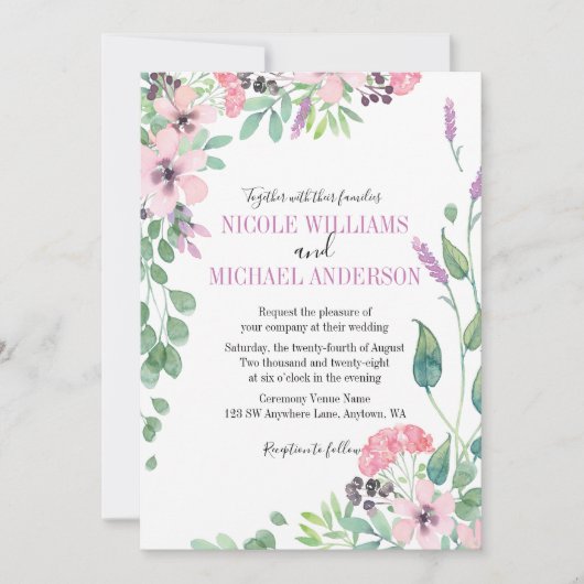 RUSTIEKE Lila waterverf pioen Foliage BRUILOFT Kaart (Voorkant)