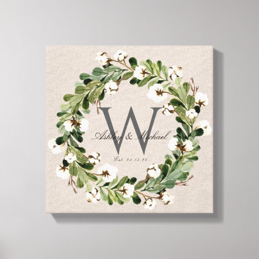 Rustieke Linnen Krans Monogram Bruiloft Keepske Canvas Afdruk (Voorkant)