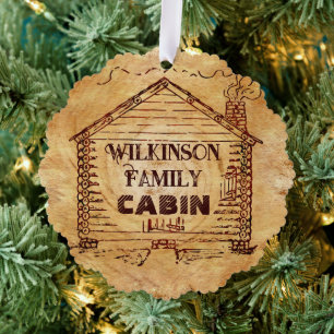 Rustieke log cabine gepersonaliseerde familienaam ornament kaart