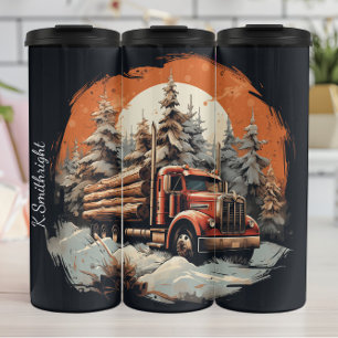 Rustieke Log Truck Winter Sunset Thermosbeker