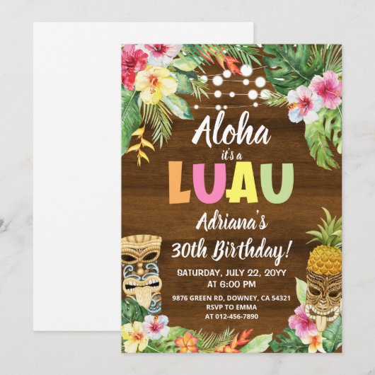 Rustieke LUAU Tropische Aloha Verjaardag uitnodigi Kaart (Voorkant / Achterkant)