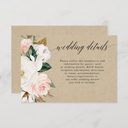 Rustieke magnolia bloemenwitte blos bruiloft detai informatiekaartje (Voorkant / Achterkant)