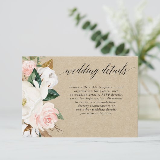 Rustieke magnolia bloemenwitte blos bruiloft detai informatiekaartje (Staand voorkant)