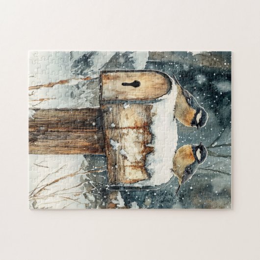Rustieke mailbox met Chickadee vogels Legpuzzel (Horizontaal)
