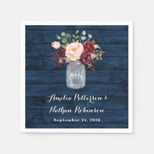 Rustieke Marine Blauw en Bourgondië Blush Bloemen  Servet