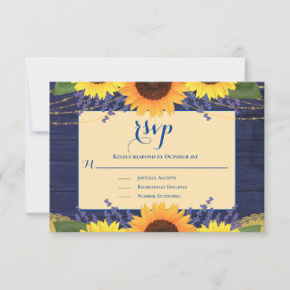 Rustieke Marine Blauw Goud Kant Zonnebloem Bruilof RSVP Kaartje
