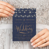 Rustieke Marine Blauw Hout & String Lights Bruilof Kaart