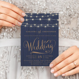 Rustieke Marine Blauw Hout & String Lights Bruilof Kaart