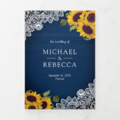 Rustieke Marine Blauw Houten Kant Zonnebloem Bruil Drieluik Uitnodiging (Cover)