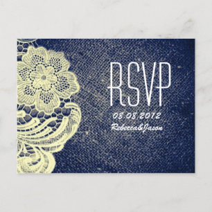 rustieke marine blauw jute kant land bruiloft RSVP Uitnodiging Briefkaart