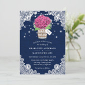 Rustieke Marine Blauw Roze Hydrangea Bruiloft Kaart (Staand voorkant)