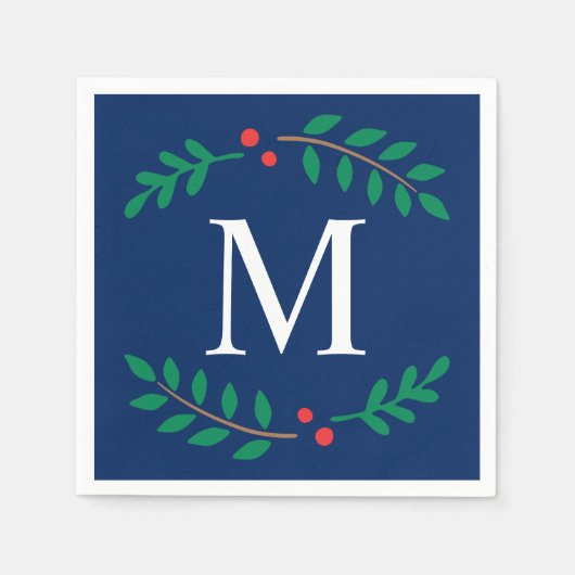 Rustieke Marine Blauw Vakantie Laurel Wreath Monog Servetten (Voorkant)