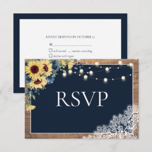 Rustieke Marine Blauw Zonnebloem Kant Hout Bruilof RSVP Kaartje
