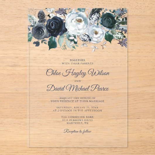 Rustieke Marine Blauwe Bloemen Huwelijk Acryl Uitnodigingen (Voorkant)