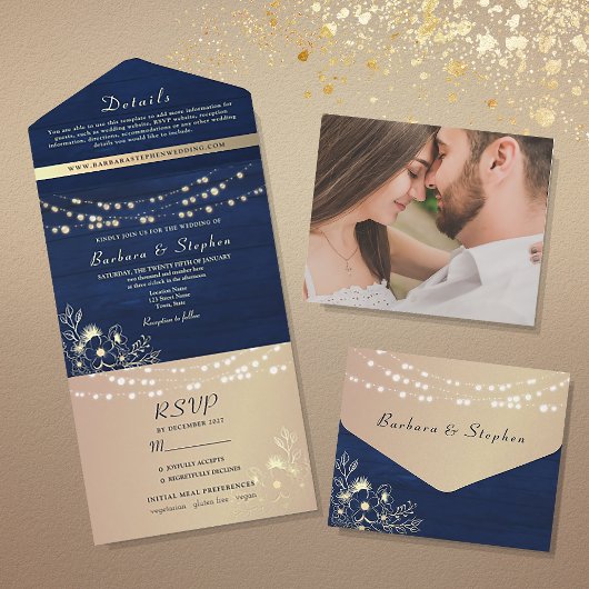 Rustieke Marine Blauwe String Lights Bruiloft All In One Uitnodiging