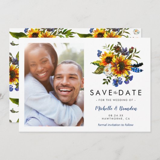 Rustieke Marine Blauwe Zonnebloem Save the Date Fo (Voorkant / Achterkant)