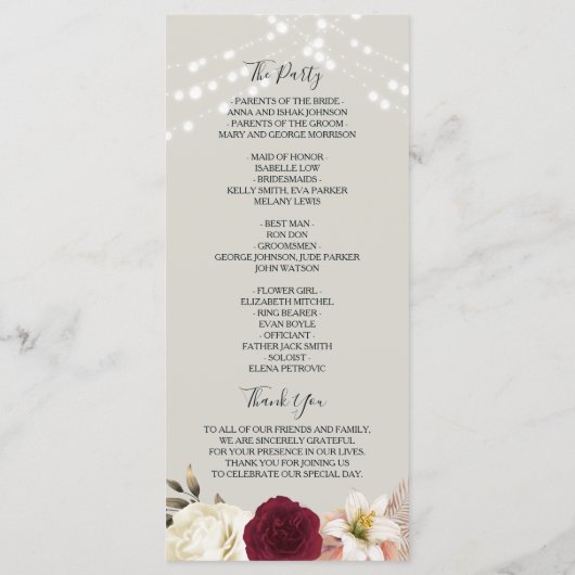 Rustieke Marine Trouwprogramma met Lichten Programma (Achterkant)