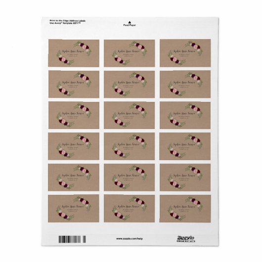 Rustieke Marsala Bloem Ambachtelijk Papier Huwelij Etiket (Full Sheet)