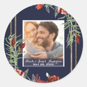 Rustieke Marsala Bloem Foto Navyblauw Goud Trouwfe Ronde Sticker
