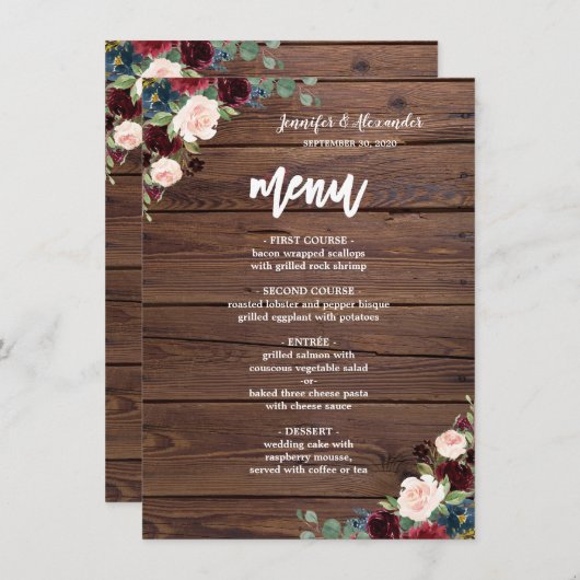 Rustieke Marsala Bourgondië Bloemenbruiloft Menu (Voorkant / Achterkant)