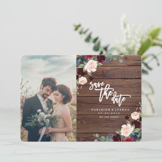 Rustieke Marsala Bourgondië Floral Save the Date (Staand voorkant)