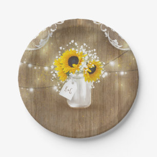 Rustieke Mason Jar Baby's Breath en Zonnebloemen Papieren Bordje