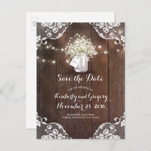 Rustieke Mason Jar Baby's Breath Wood Save the Dat Aankondigingskaart (Voorkant / Achterkant)