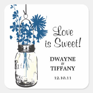 Rustieke Mason Jar & Blauwe Wildbloemen Vierkante Sticker