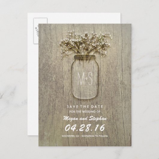 Rustieke Mason Jar en Baby's Breath Save The Date Aankondigingskaart (Voorkant / Achterkant)