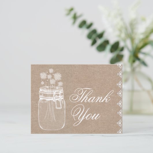 Rustieke Mason Jar en bloemen Dank u Burlap A02 Briefkaart (Staand voorkant)