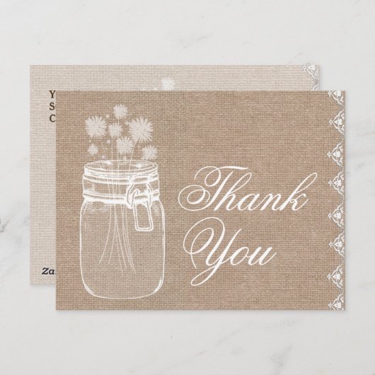 Rustieke Mason Jar en bloemen Dank u Burlap A02 Briefkaart (Voorkant / Achterkant)