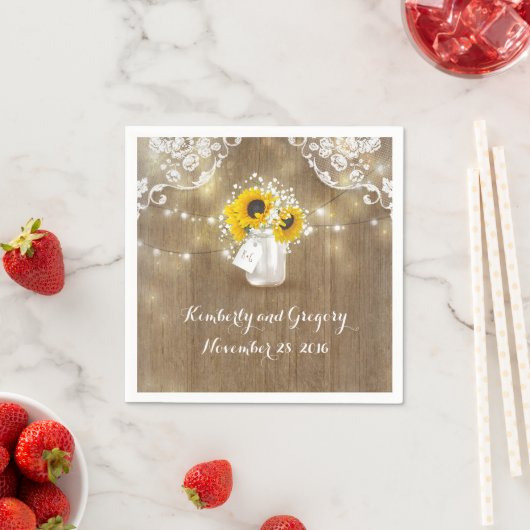 Rustieke Mason Jar en Zonnebloemen met Baby's Brea Servetten (Insitu)