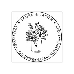 Rustieke Mason Jar Floral Monogrammed Retouradres Rubberstempel