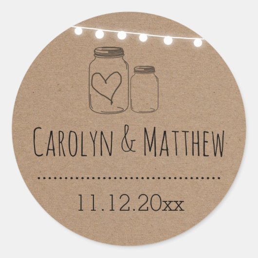 Rustieke Mason Jar Heart String Lights Bruiloft Ronde Sticker (Voorkant)
