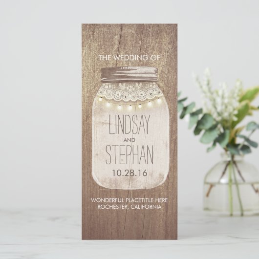 Rustieke Mason Jar Kant Lights Trouwprogramma's Programma (Staand voorkant)